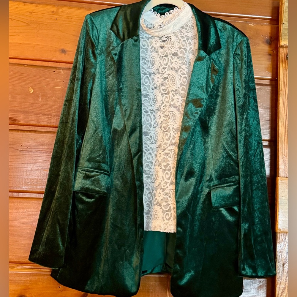 Haptics Emerald Green Velvet Blazer - Women's Satin Lapel Jacket - Open Front